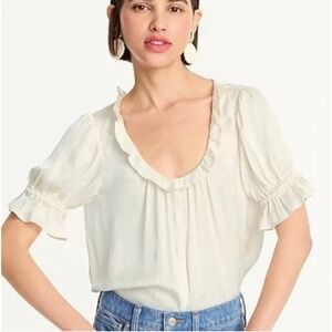 J. Crew Womens Cream Ruffle Sleeve Button‎ Front Blouse Top Size M